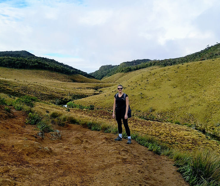 A woman stands on a dirt hiking trail in a green national park