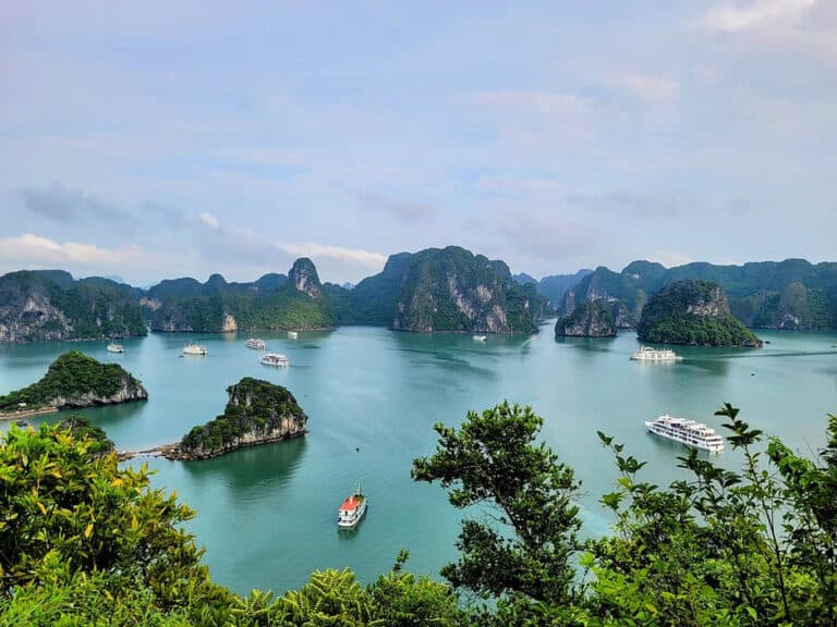 An archipelago of limestone mountains in the turquoise water of Halong Bay