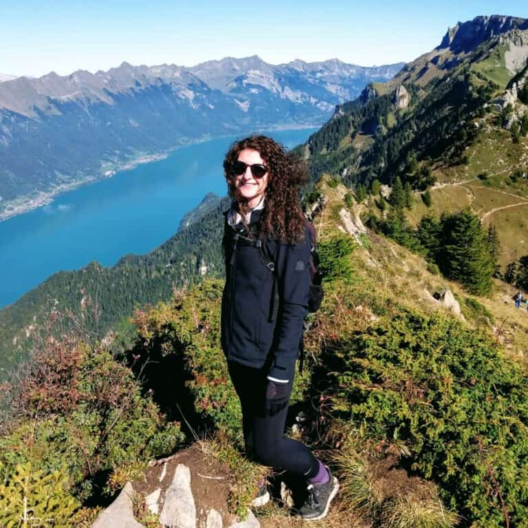 A woman stands on a tree covere ridge line, looking down to a large blue lake surrounded by mountains